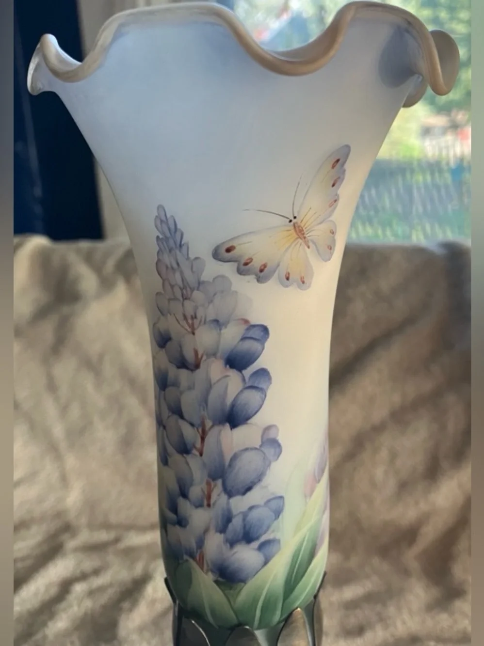 Pair Hand-Painted Vintage Blue Floral Butterfly Frosted Glass Table Lamps